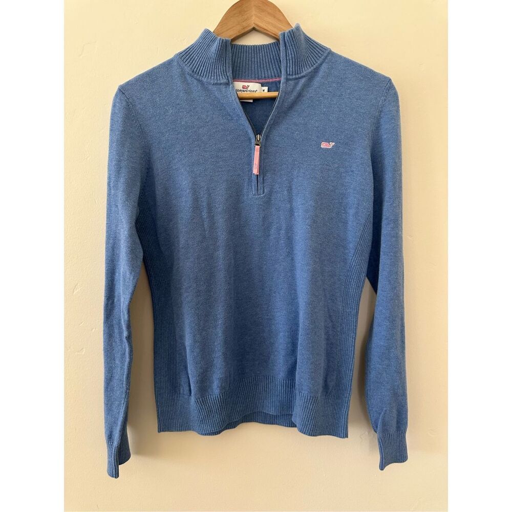 Vineyard Vines Light Blue Quarter-Zip Sweater with Pink Logo